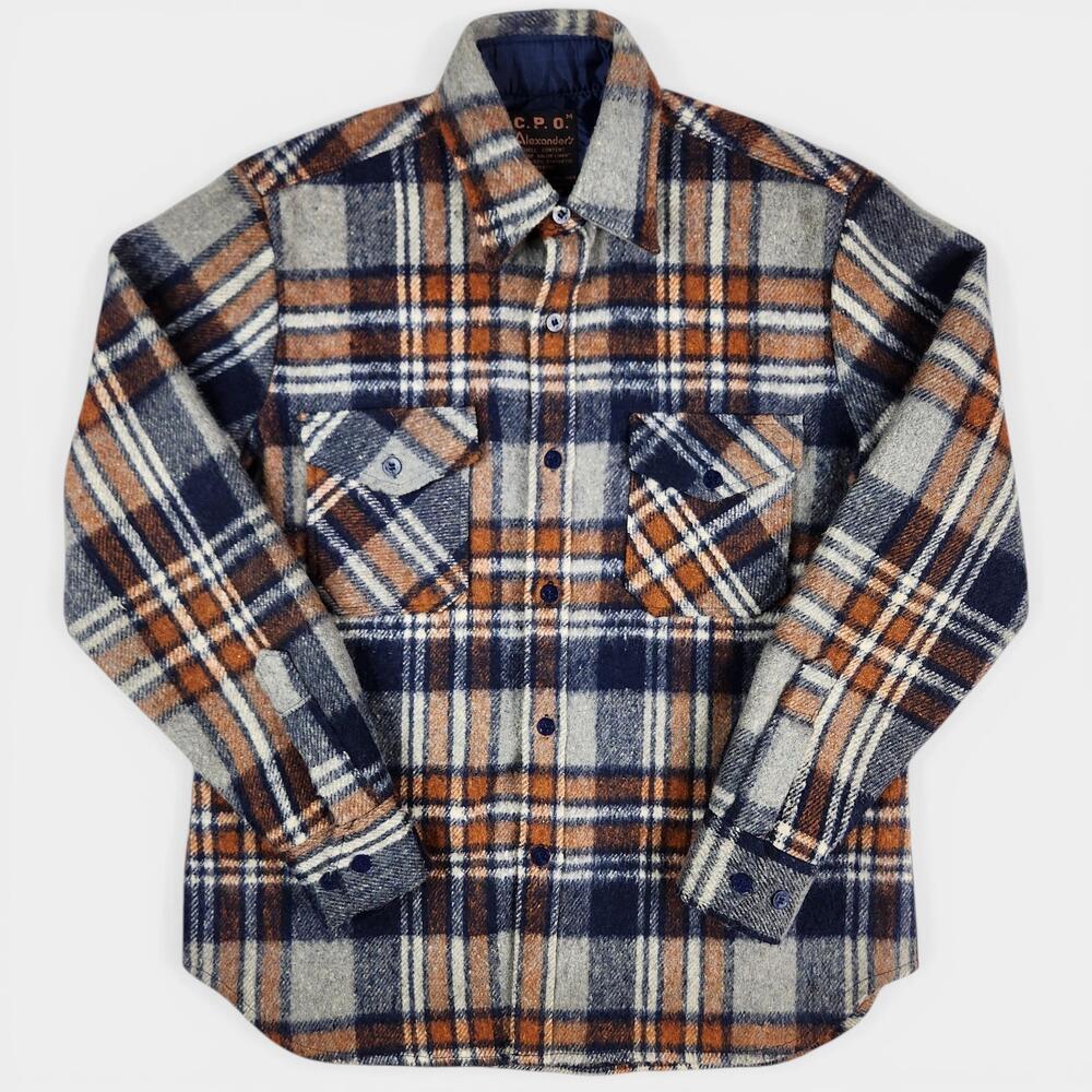 Vintage C.P.O. Alexander's Jacket Mens Med Blue Orange Plaid Flannel Wool Linen